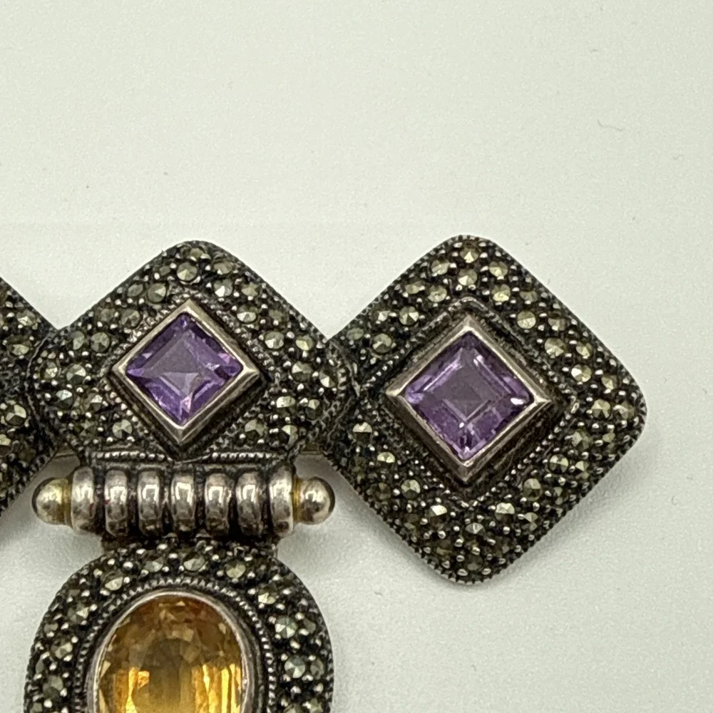 JUDITH JACK 925 Sterling Silver Vintage Amethyst Citrine Marcasite Gem Pendant